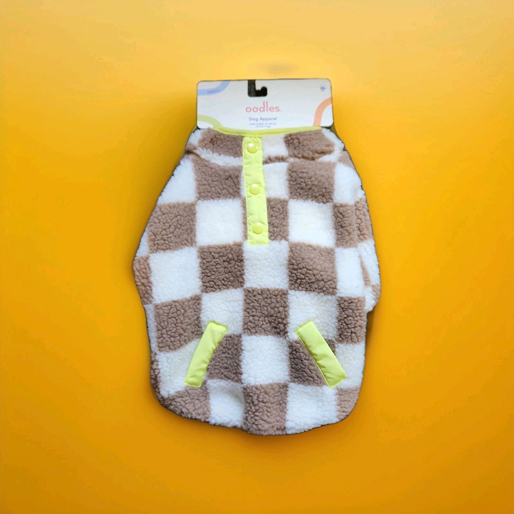 Oodles Checkerboard Sherpa Dog Sweater Size Small Neon Yellow Accent New